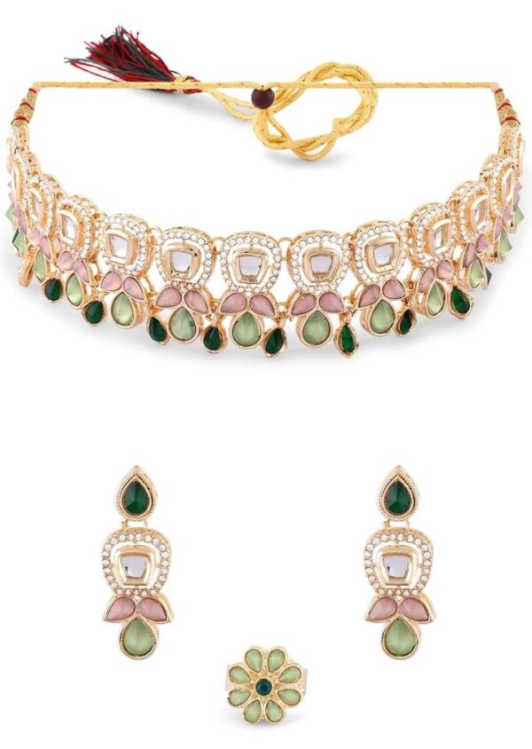 ZAVERI PEARLS Green Pink Stones Austrian Diamonds Embellished Choker Necklace Earring & Ring Set For Women-ZPFK17672
(10428-10429-10430) SHANI - Image 2