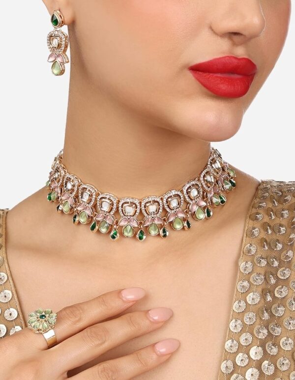 ZAVERI PEARLS Green Pink Stones Austrian Diamonds Embellished Choker Necklace Earring & Ring Set For Women-ZPFK17672
(10428-10429-10430) SHANI - Image 5