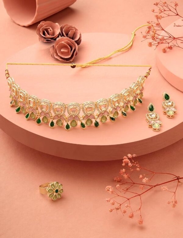 ZAVERI PEARLS Green Pink Stones Austrian Diamonds Embellished Choker Necklace Earring & Ring Set For Women-ZPFK17672
(10428-10429-10430) SHANI - Image 4