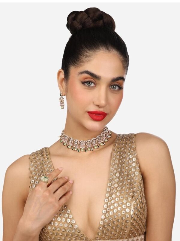 ZAVERI PEARLS Green Pink Stones Austrian Diamonds Embellished Choker Necklace Earring & Ring Set For Women-ZPFK17672
(10428-10429-10430) SHANI - Image 6