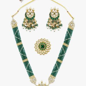 ZAVERI PEARLS Green Beaded Meenakari Long Kundan Necklace Earring & Ring Set For Women-ZPFK10831
(10619-10620) SHANI