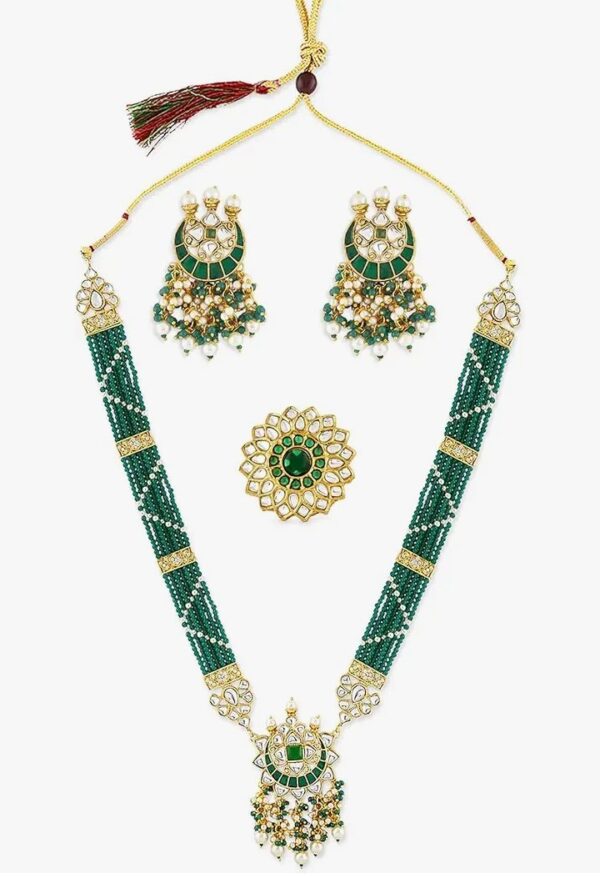 ZAVERI PEARLS Green Beaded Meenakari Long Kundan Necklace Earring & Ring Set For Women-ZPFK10831
(10619-10620) SHANI