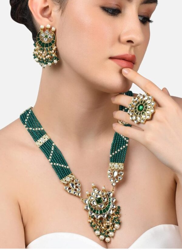 ZAVERI PEARLS Green Beaded Meenakari Long Kundan Necklace Earring & Ring Set For Women-ZPFK10831
(10619-10620) SHANI - Image 4