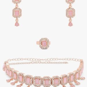 ZAVERI PEARLS Pink Dazzling Stones Sleek Choker Necklace Earring & Ring Set For Women-ZPFK15144
(10529-10530) SHANI
