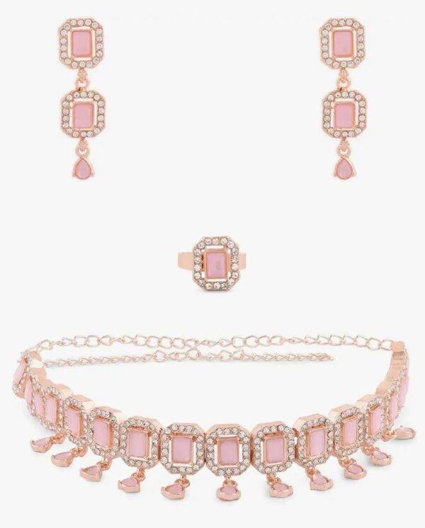 ZAVERI PEARLS Pink Dazzling Stones Sleek Choker Necklace Earring & Ring Set For Women-ZPFK15144
(10529-10530) SHANI