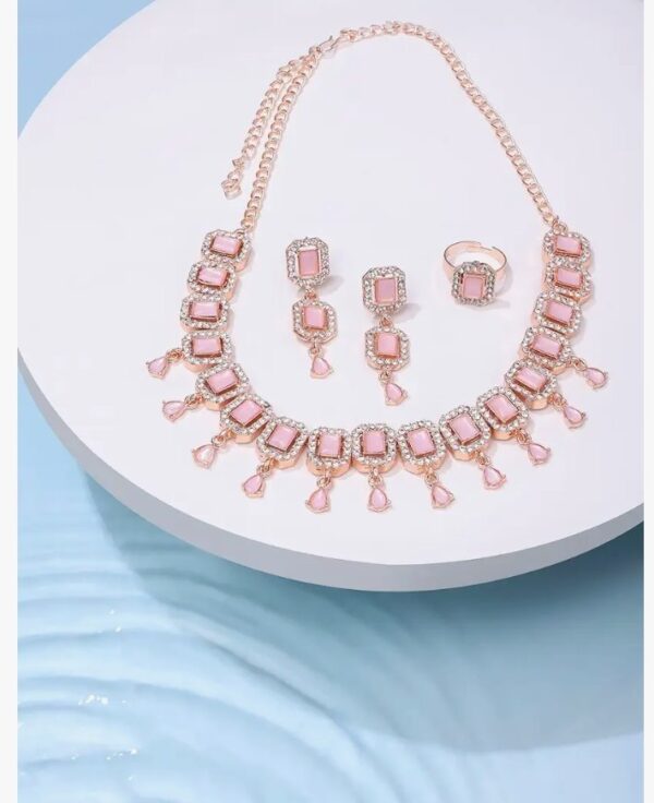 ZAVERI PEARLS Pink Dazzling Stones Sleek Choker Necklace Earring & Ring Set For Women-ZPFK15144
(10529-10530) SHANI - Image 9