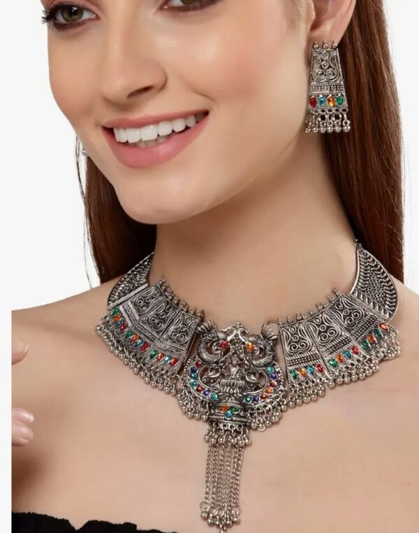 Shining Diva Fashion Latest Stylish Traditional Oxidised Silver Necklace Jewellery Set for Women (13116s)
(10547) shani - Image 7