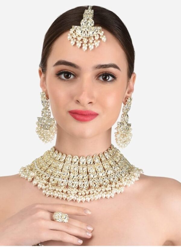 ZAVERI PEARLS Gold Tone Bridal Kundan Choker Necklace Earring Maangtikka & Ring Set For Women-ZPFK12217
(10684-10685) SHANI - Image 3