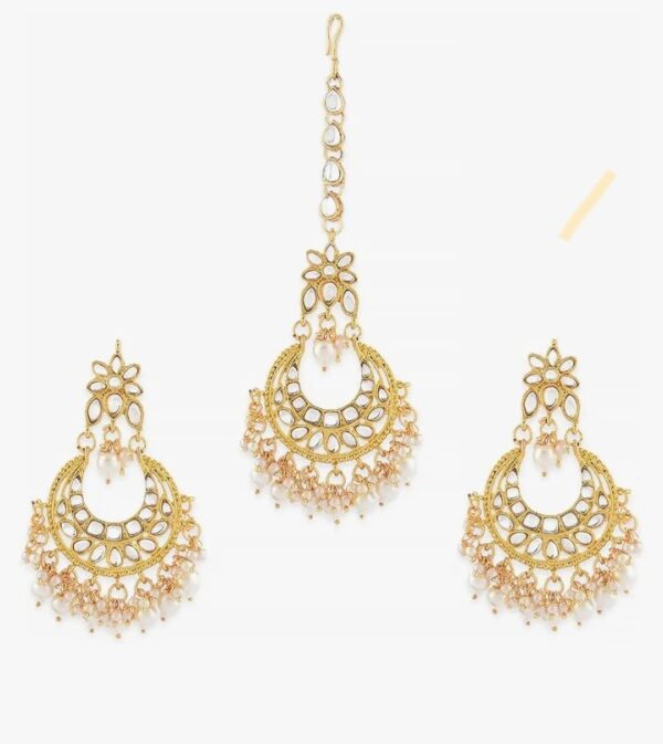 ZAVERI PEARLS Gold Tone Kundan & Pearls Traditional Earring & Maangtikka Set For Women-ZPFK8537
 (10672-10673) SHANI - Image 4