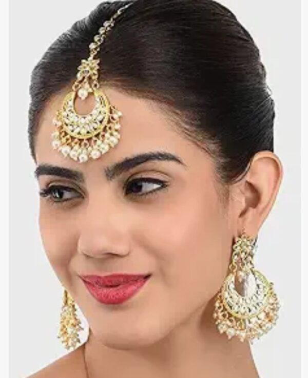 ZAVERI PEARLS Gold Tone Kundan & Pearls Traditional Earring & Maangtikka Set For Women-ZPFK8537
 (10672-10673) SHANI - Image 5