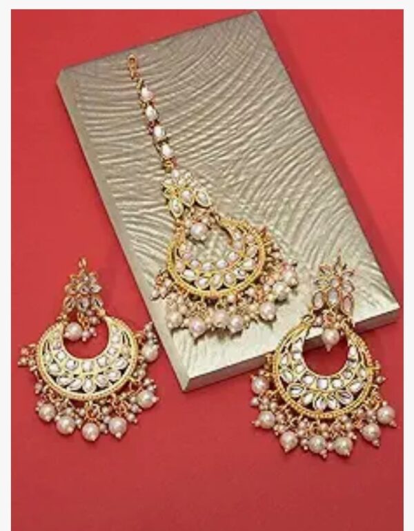 ZAVERI PEARLS Gold Tone Kundan & Pearls Traditional Earring & Maangtikka Set For Women-ZPFK8537
 (10672-10673) SHANI
