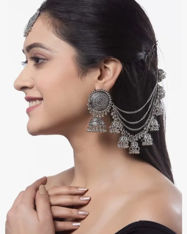 Shining Diva Fashion Latest Stylish Oxidised Maang Tikka Bahubali Jhumka Earrings for Women and Girls (12395er)(10592-10593) SHANI