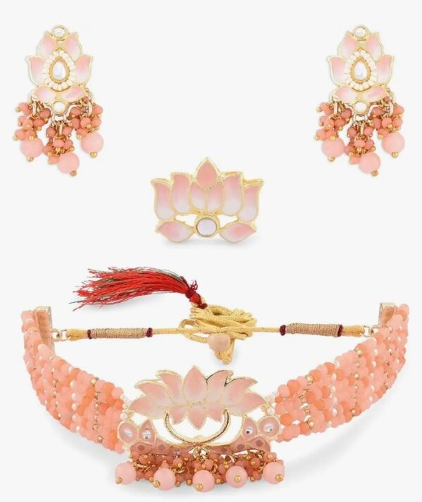 ZAVERI PEARLS Orange & Peach Meenakari Lotus Multistrand Crystal Beaded Choker Necklace Earring & Ring Set For Women-ZPFK14759
(10657-10658) SHANI - Image 2