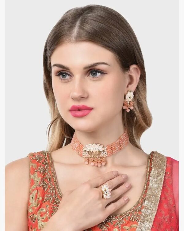 ZAVERI PEARLS Orange & Peach Meenakari Lotus Multistrand Crystal Beaded Choker Necklace Earring & Ring Set For Women-ZPFK14759
(10657-10658) SHANI - Image 9
