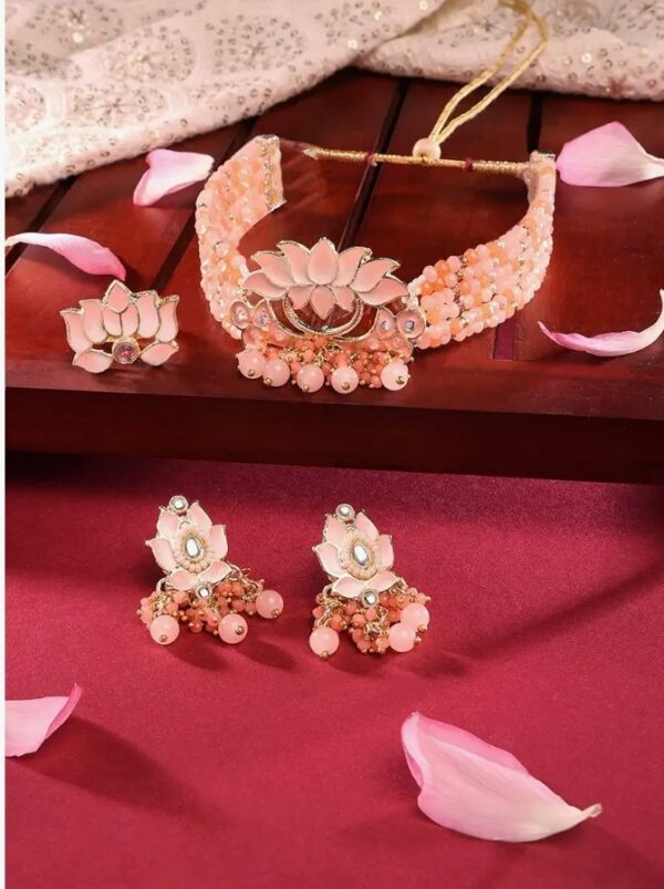 ZAVERI PEARLS Orange & Peach Meenakari Lotus Multistrand Crystal Beaded Choker Necklace Earring & Ring Set For Women-ZPFK14759
(10657-10658) SHANI - Image 6