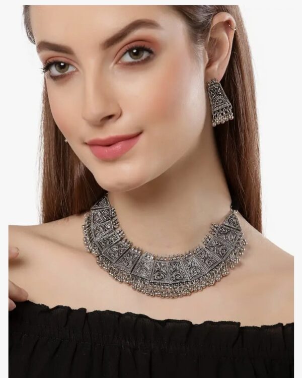 Shining Diva Fashion Latest Stylish Traditional Oxidised Silver Necklace Jewellery Set for Women (13108s
(10625-10606) SHANI - Image 5
