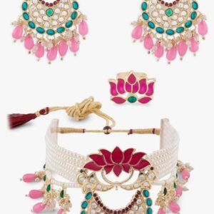 ZAVERI PEARLS Green & Pink Meenakari Lotus Multistrand Pearls Choker Necklace Earring & Ring Set For Women-ZPFK14831
(10682-10683) SHANI