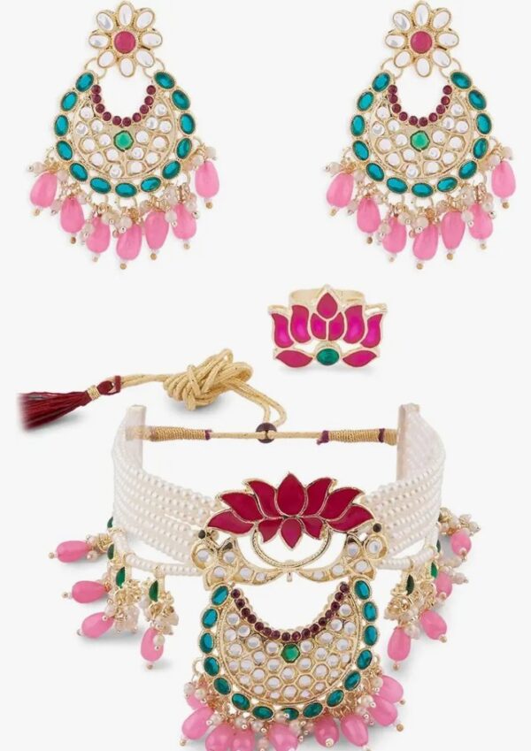 ZAVERI PEARLS Green & Pink Meenakari Lotus Multistrand Pearls Choker Necklace Earring & Ring Set For Women-ZPFK14831
(10682-10683) SHANI