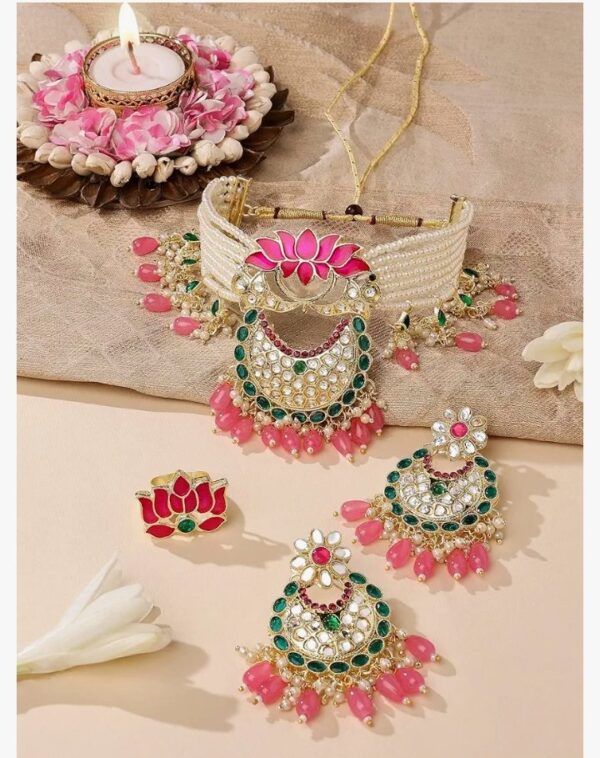 ZAVERI PEARLS Green & Pink Meenakari Lotus Multistrand Pearls Choker Necklace Earring & Ring Set For Women-ZPFK14831
(10682-10683) SHANI - Image 4