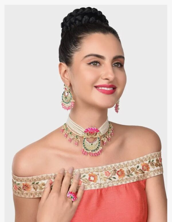 ZAVERI PEARLS Green & Pink Meenakari Lotus Multistrand Pearls Choker Necklace Earring & Ring Set For Women-ZPFK14831
(10682-10683) SHANI - Image 3