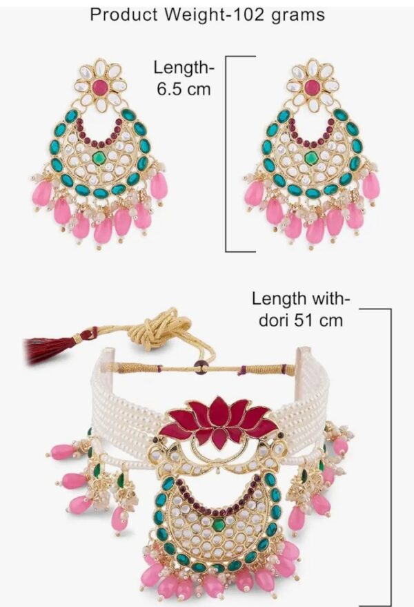 ZAVERI PEARLS Green & Pink Meenakari Lotus Multistrand Pearls Choker Necklace Earring & Ring Set For Women-ZPFK14831
(10682-10683) SHANI - Image 2