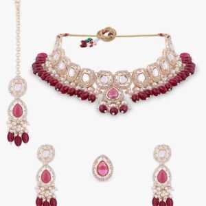 ZAVERI PEARLS Wine Colour Artificial Stone Beads Choker Necklace Earring Maangtikka Ring Set For Women-ZPFK16385
(10686-10687) SHANI