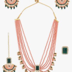 ZAVERI PEARLS Peach & Green Multistrands Bridal Necklace Earring Maangtikka & Ring Set For Women-ZPFK12626
(10701-10661) Shani