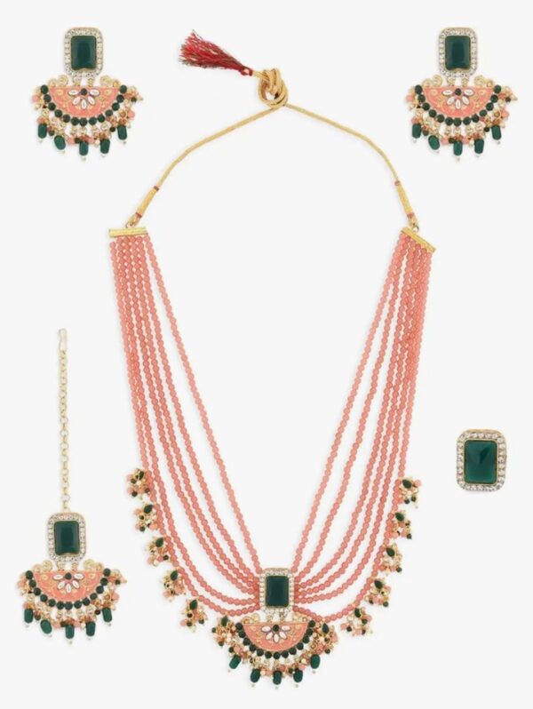 ZAVERI PEARLS Peach & Green Multistrands Bridal Necklace Earring Maangtikka & Ring Set For Women-ZPFK12626
(10701-10661) Shani