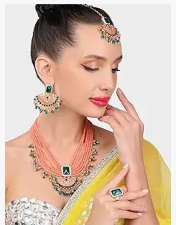 ZAVERI PEARLS Peach & Green Multistrands Bridal Necklace Earring Maangtikka & Ring Set For Women-ZPFK12626
(10701-10661) Shani - Image 5