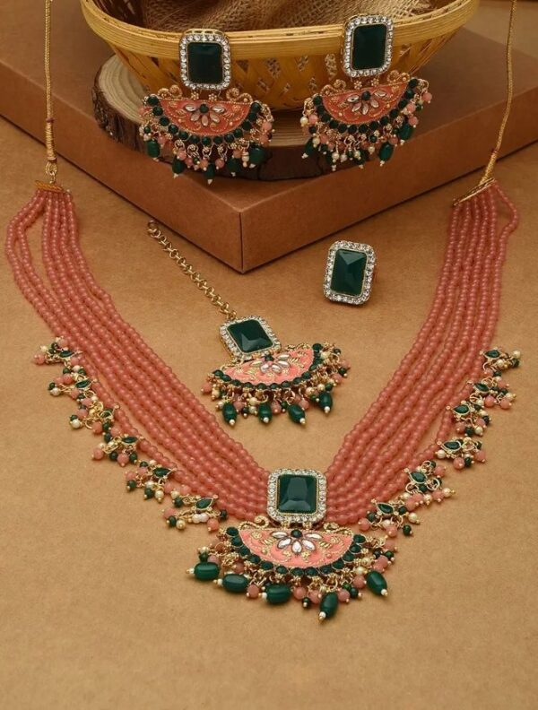 ZAVERI PEARLS Peach & Green Multistrands Bridal Necklace Earring Maangtikka & Ring Set For Women-ZPFK12626
(10701-10661) Shani - Image 3