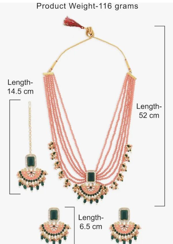 ZAVERI PEARLS Peach & Green Multistrands Bridal Necklace Earring Maangtikka & Ring Set For Women-ZPFK12626
(10701-10661) Shani - Image 2