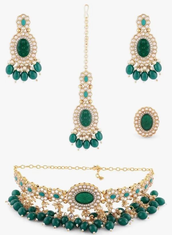 ZAVERI PEARLS Green Stones Beads Kundan Choker Necklace Earring Maangtikka & Ring Set For Women-ZPFK18452
(10643) SHANI - Image 7