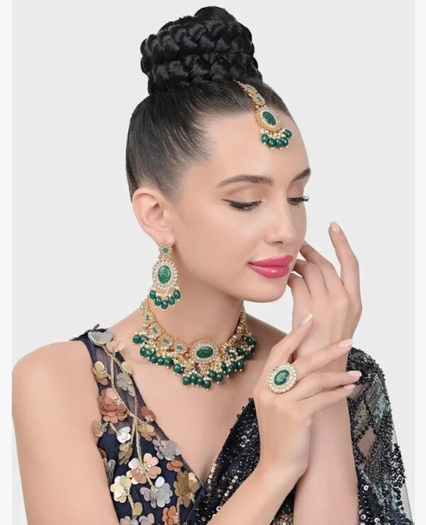 ZAVERI PEARLS Green Stones Beads Kundan Choker Necklace Earring Maangtikka & Ring Set For Women-ZPFK18452
(10643) SHANI - Image 4