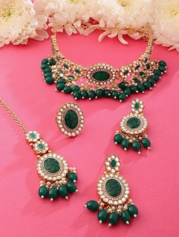 ZAVERI PEARLS Green Stones Beads Kundan Choker Necklace Earring Maangtikka & Ring Set For Women-ZPFK18452
(10643) SHANI - Image 9