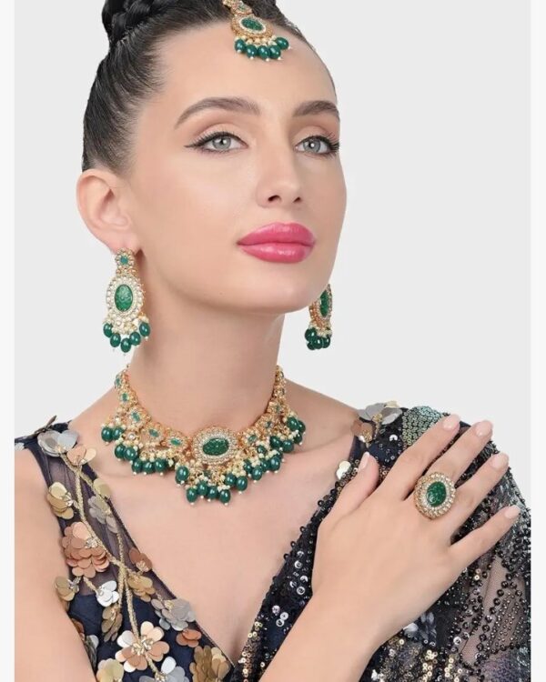 ZAVERI PEARLS Green Stones Beads Kundan Choker Necklace Earring Maangtikka & Ring Set For Women-ZPFK18452
(10643) SHANI - Image 8