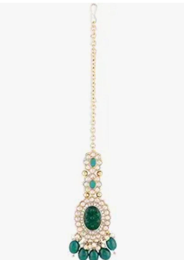 ZAVERI PEARLS Green Stones Beads Kundan Choker Necklace Earring Maangtikka & Ring Set For Women-ZPFK18452
(10643) SHANI - Image 3