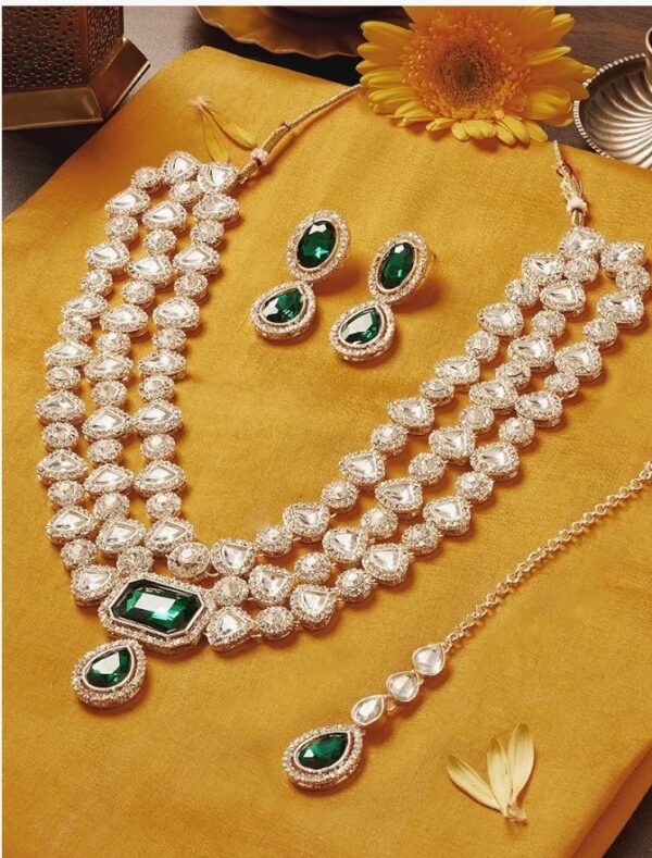 ZAVERI PEARLS Green Dazzling Stones Diamonds Bridal Layered Necklace Earring & Maangtikka Set For Women-ZPFK18212
(10677-10678) SHANI - Image 8