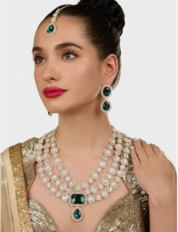 ZAVERI PEARLS Green Dazzling Stones Diamonds Bridal Layered Necklace Earring & Maangtikka Set For Women-ZPFK18212
(10677-10678) SHANI