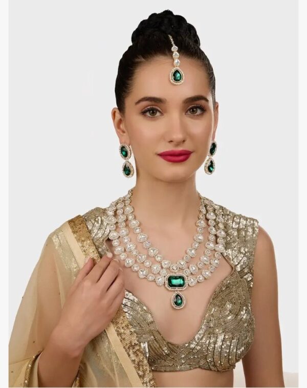 ZAVERI PEARLS Green Dazzling Stones Diamonds Bridal Layered Necklace Earring & Maangtikka Set For Women-ZPFK18212
(10677-10678) SHANI - Image 3
