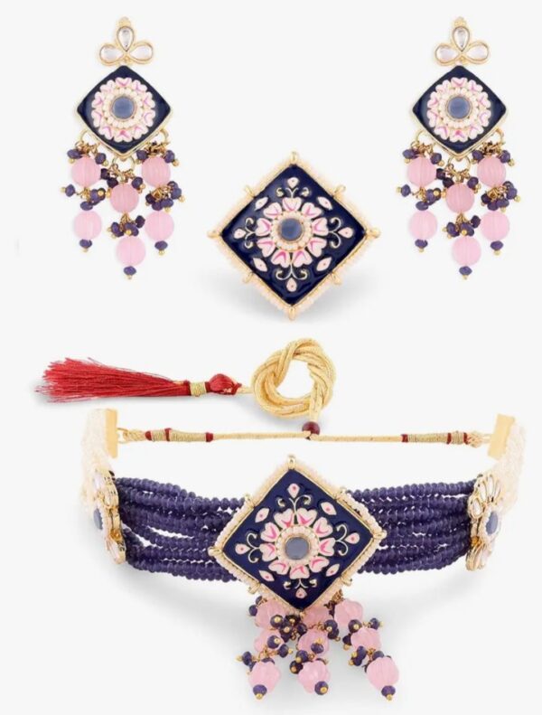 ZAVERI PEARLS Navy Blue Pink Meenakari Multistrand Kundan Choker Necklace Earring & Ring Set For Women-ZPFK15565
(10679-10676) SHANI - Image 8