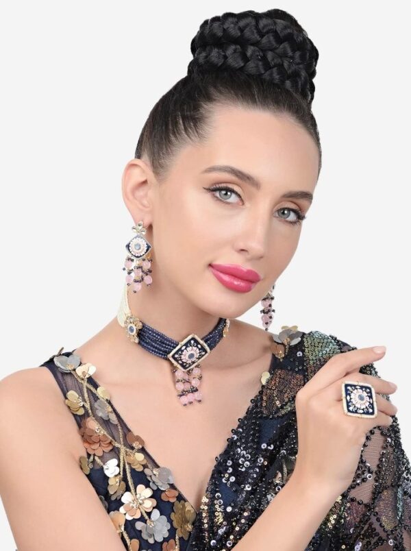 ZAVERI PEARLS Navy Blue Pink Meenakari Multistrand Kundan Choker Necklace Earring & Ring Set For Women-ZPFK15565
(10679-10676) SHANI - Image 7