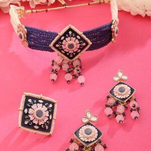 ZAVERI PEARLS Navy Blue Pink Meenakari Multistrand Kundan Choker Necklace Earring & Ring Set For Women-ZPFK15565
(10679-10676) SHANI