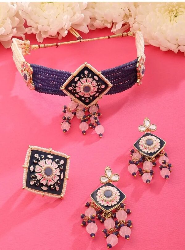 ZAVERI PEARLS Navy Blue Pink Meenakari Multistrand Kundan Choker Necklace Earring & Ring Set For Women-ZPFK15565
(10679-10676) SHANI