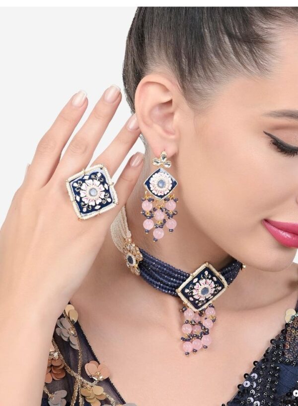 ZAVERI PEARLS Navy Blue Pink Meenakari Multistrand Kundan Choker Necklace Earring & Ring Set For Women-ZPFK15565
(10679-10676) SHANI - Image 5