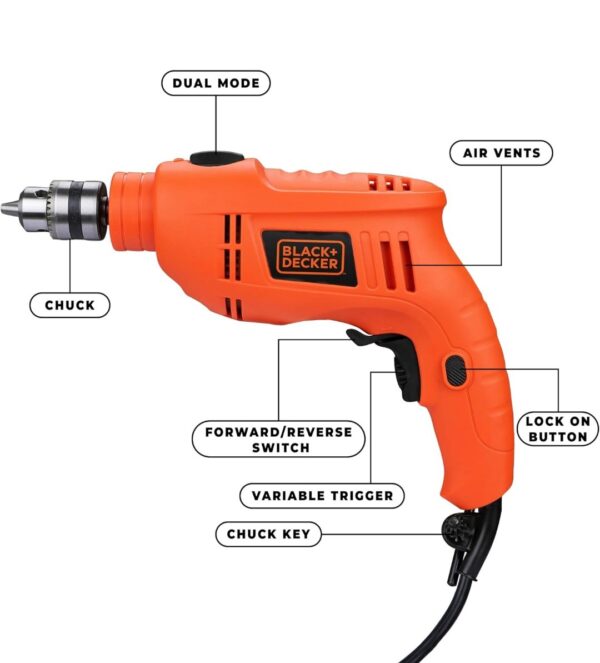BLACK+DECKER HD400 550W 10mm Variable Speed Reversible Hammer Drill (Orange, 1-Piece) N9956 Neeraj - Image 2