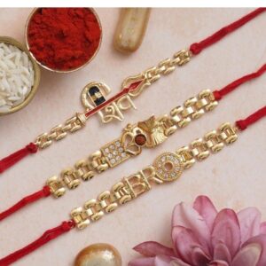 eCraftIndia Set of 3 Golden & Red Lord Shiv Damru, Om, Bro Designer Religious Rakhis for Brothers with BEST BRO EVER Keychain and Roli Chawal Pack
Rajender 015