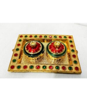 Decorative Kumkum Box with Tray, Gold-Toned, Red and Green Gemstone Design, Traditional Tika Storage
RAJENDER 051