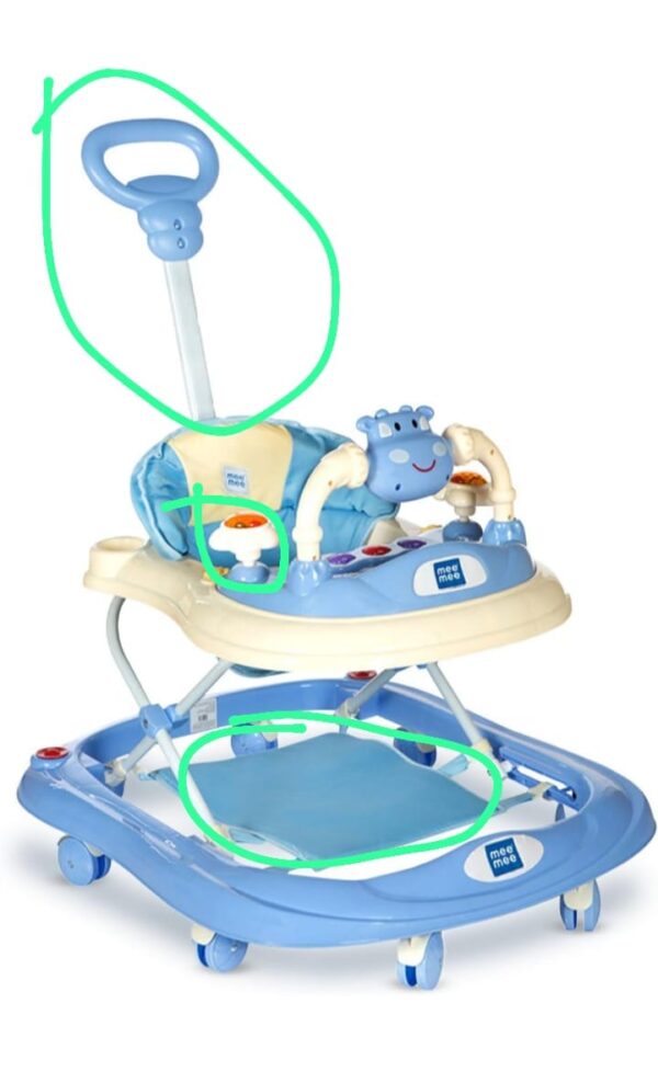 Mee Mee 360° Baby Activity Walker | 3 Level Adjustable Height, Foot Mat, Musical Detachable Toy Bar | Parental Push Handle, Anti-Rollover Folding Walker for Boys, Girls, Kids | 6-18 Months 15kg (Blue) ( MARK KIYA GYA PART NAHI HAI )