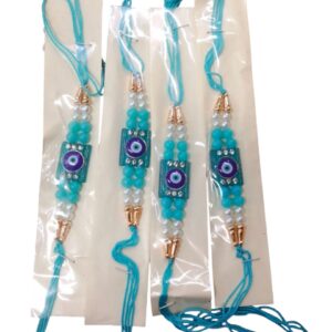 DIVYANA Evil Eyes Rakhi with Roli Chawal for Brother | Beautifully Crafted Stone & Pearl Design Traditional Rakhis for Men & Boys - Pack of 1, BlueSET OF 4Rajender
