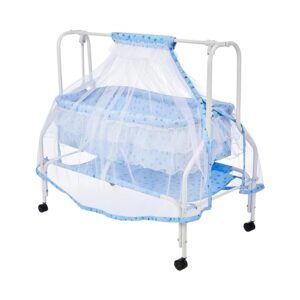Amazon Brand - Supples Baby Cradle with Swing & Mosquito Net | for 0-8 Month Babies | Four Wheels with Brake | with Swing Lock & Storage | Sturdy & Safe | Polypropylene/Mild Steel | Blue ( 10188 )